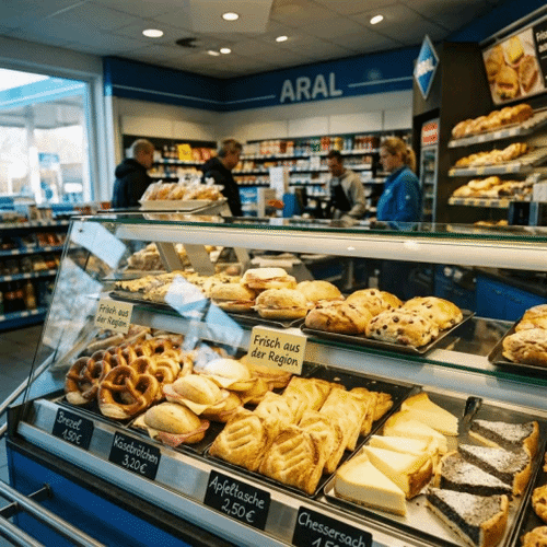 Backwaren-Theke in einem Tankstellen-Shop mit Brezeln, Teilchen und Preisschildern, daneben das Schild „Frisch aus der Region“