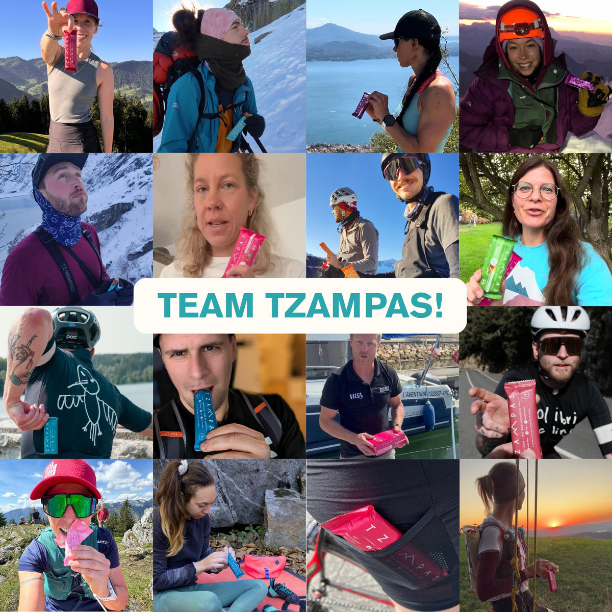 Fotocollage zufriedener TZAMPAS-Kundinnen und -Kunden beim Wandern, Radfahren, Klettern und Skifahren, jeweils mit einem Riegel in der Hand, in der Mitte der Schriftzug TEAM TZAMPAS!