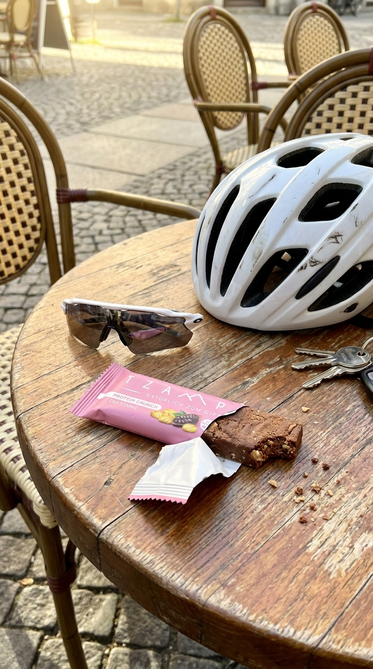 Runder Café-Tisch mit weißem Fahrradhelm, Sportbrille und einem angebissenen TZAMPAS-Riegel in rosa Verpackung