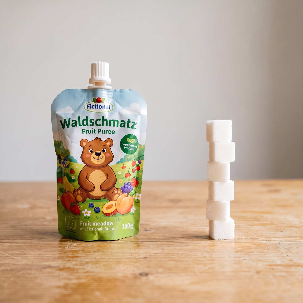 Quetschbeutel mit Fruchtpüree für Kinder neben einem Turm aus fünf Zuckerwürfeln
