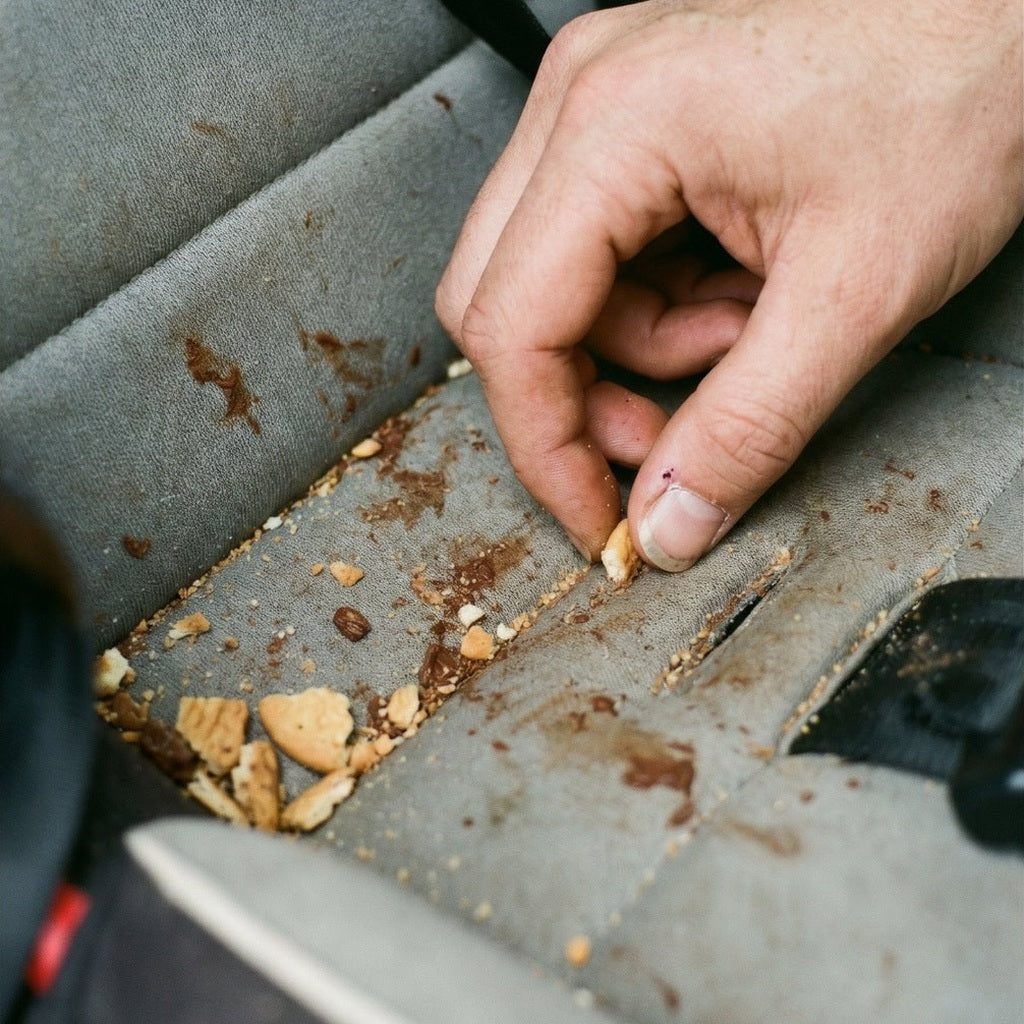 Hand sammelt Krümel von einem verschmutzten Autositz, überall Schokoladenflecken