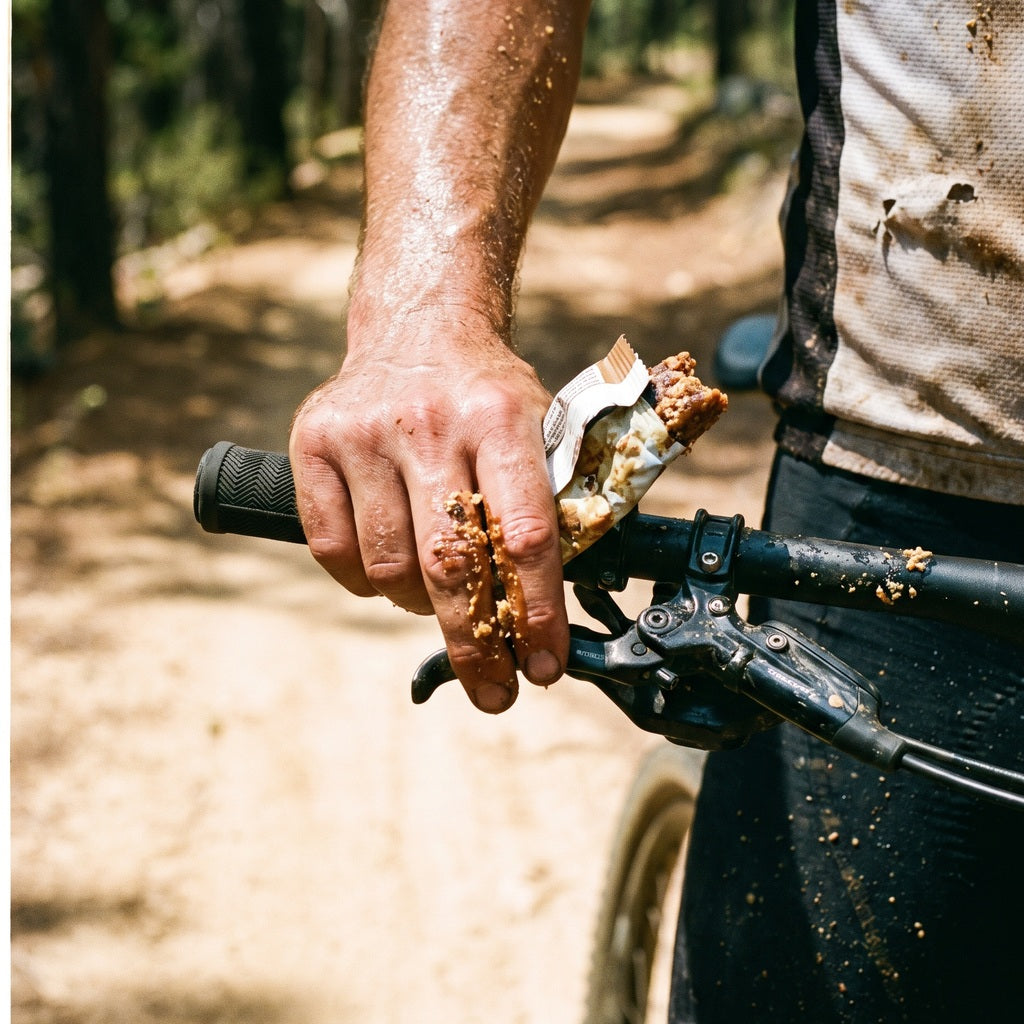 Verschwitzte Hand am Mountainbike-Lenker hält einen zerbröckelnden Riegel, die Krümel fallen auf den staubigen Waldweg