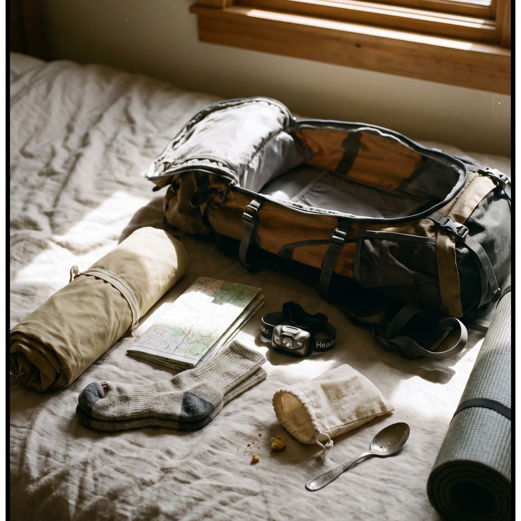 Auf einem Bett ausgebreitete Wanderausrüstung: Rucksack, Landkarte, Kompass, Socken, Isomatte und ein Löffel