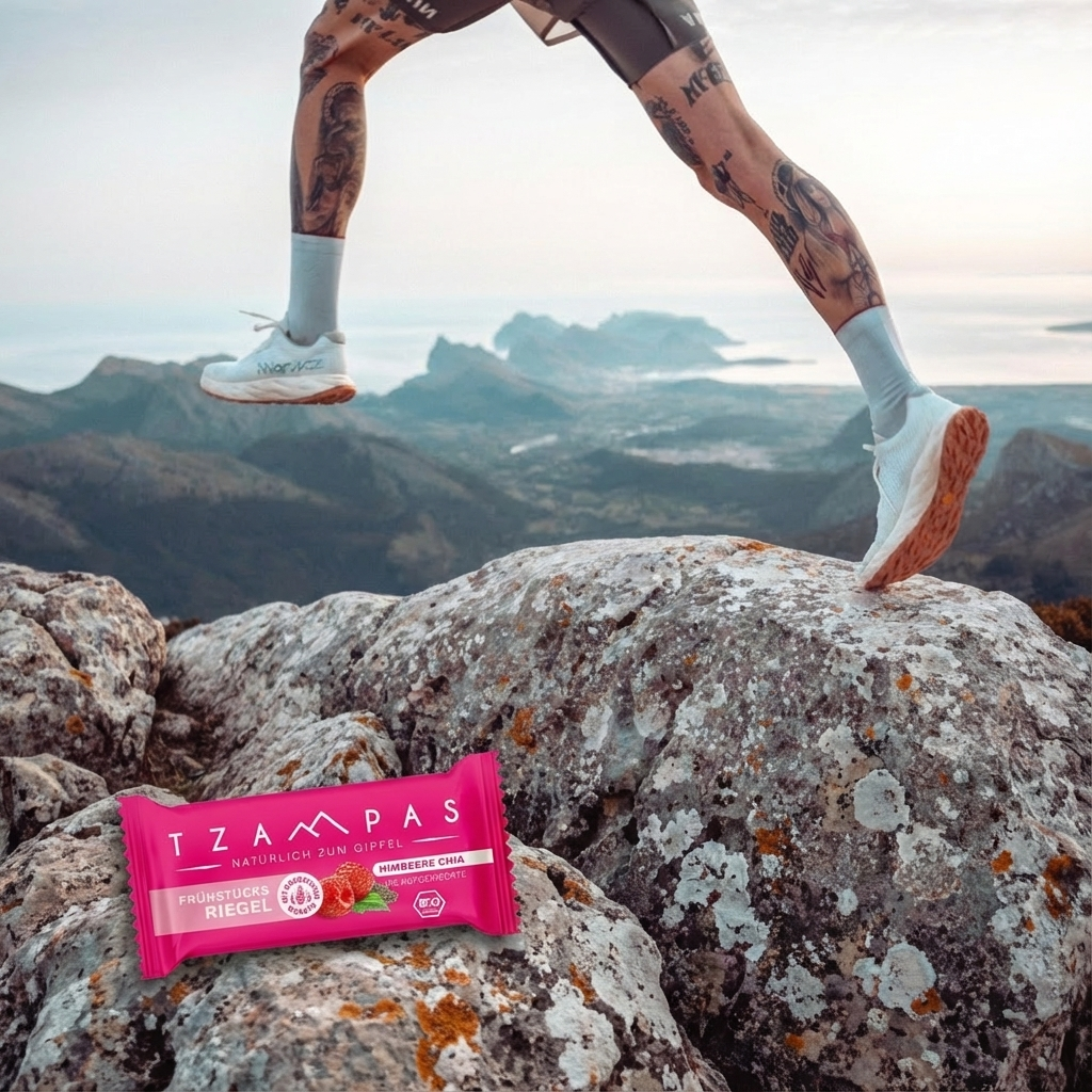 Läufer springt über einen Felsen, davor ein TZAMPAS Frühstücksriegel Himbeere-Chia