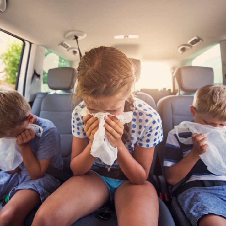 Drei Kinder auf der Rückbank eines Autos halten sich Taschentücher vors Gesicht