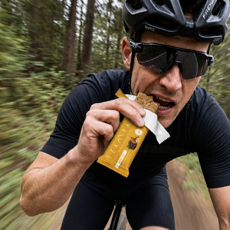 Person auf dem Rennrad beißt während der Fahrt in einen ausgepackten TZAMPAS-Riegel, der Wald im Hintergrund verwischt