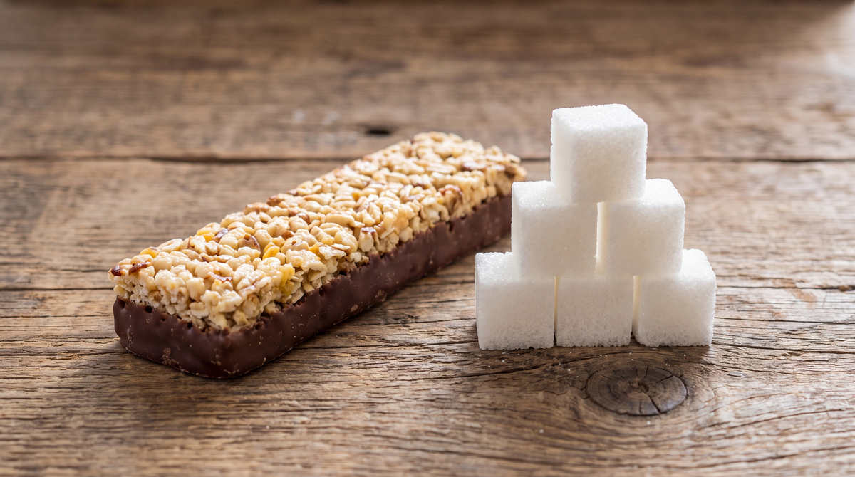Müsliriegel mit Schokoladenboden neben einem Stapel aus sechs Zuckerwürfeln