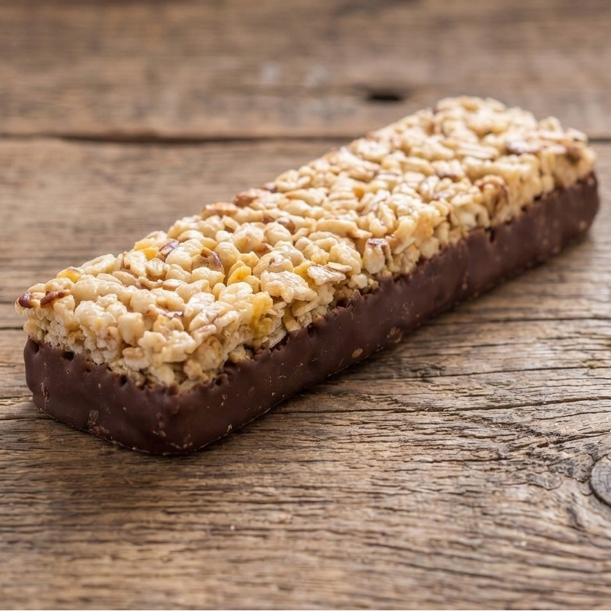 Müsliriegel mit Schokoladenboden und knuspriger Auflage auf einem Holzbrett